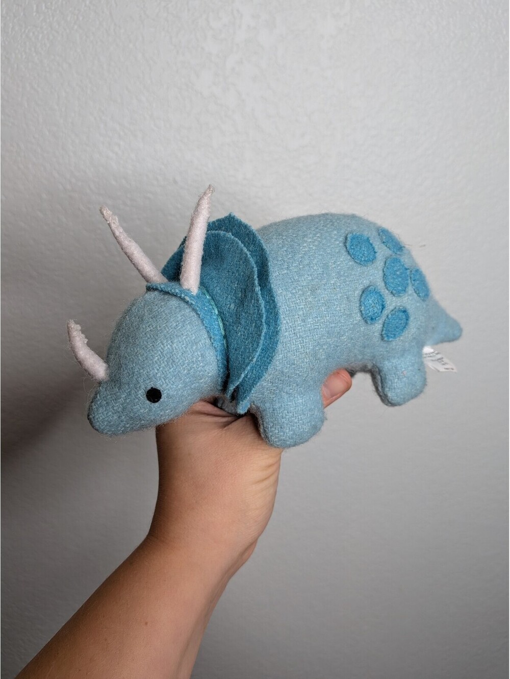 The Land of Nod Blue Triceratops Dinosaur Wool Blend Plush Stuffed Animal